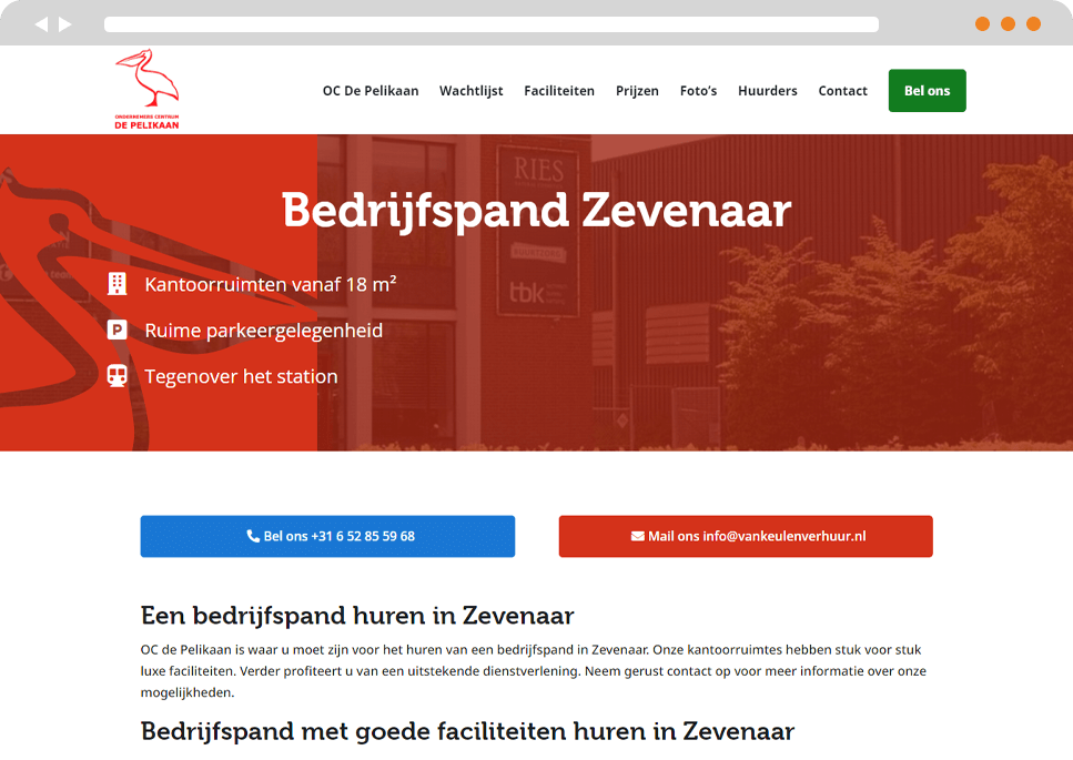 Mockup website OC de Pelikaan landingspagina